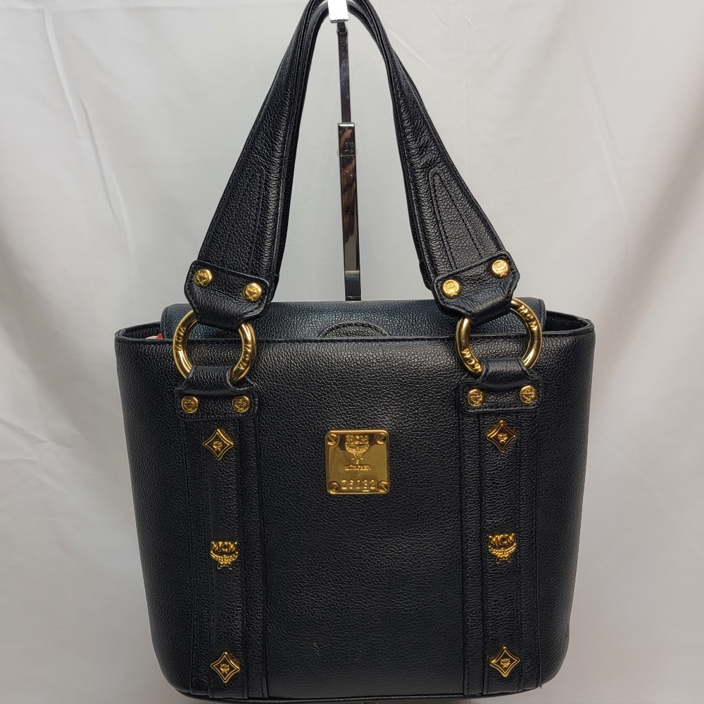 MCM Black Leather Munchen Studded Satchel Tote Bag